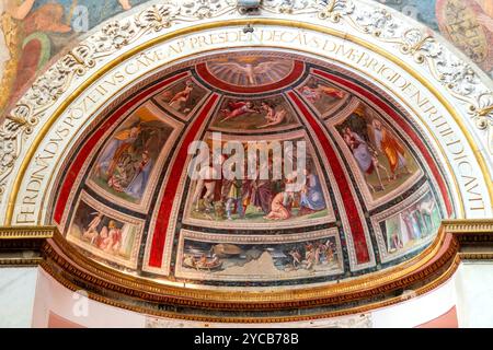 Frescoes by Baldassarre Peruzzi in the upper dome of the Ponzetti Chapel in Santa Maria della Pace, Rome, Italy, depicting biblical scenes including t Stock Photo