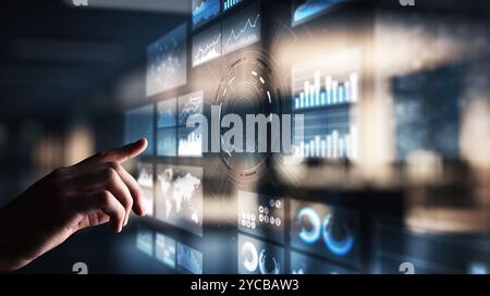 Virtual screen business intelligence dashboard, analytics and big data technology concept. Stock Photo