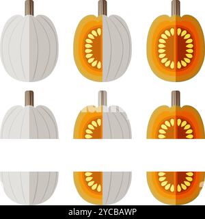 Set of Full Moon pumpkin. Winter squash. Cucurbita maxima. Vegetables. Flat style. Isolated vector illustration. Stock Vector