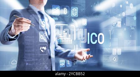 ICO - Initial coin offering, Fintech, Financial and cryptocurrency trading concept on virtual screen. Business and technology. Stock Photo