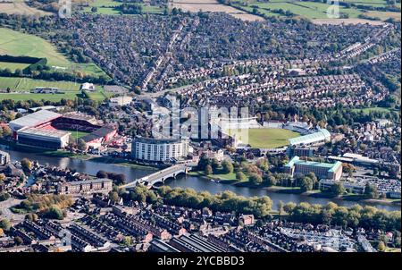 A Drone shot of Nottingham Forest Football Ground and Trent Bridge Cricket ground, Nottingham, East Midland, England, UK Stock Photo