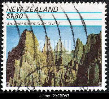 Cancelled postage stamp printed by New Zealand, that shows Ahuriri River Clay Cliffs, circa 1991. Stock Photo