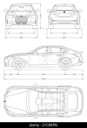 BMW i4 2023 car blueprint Stock Vector