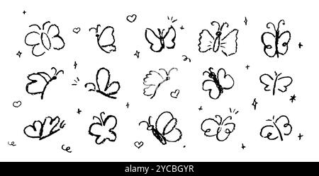Set of butterflies drawing by pastel or charcoal pencil. White chalk line butterfly simple element on black chalkboard background. Like children's Stock Vector
