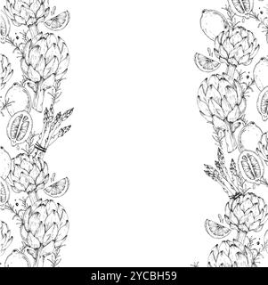 Frame with artichoke, lemon, pepper and rosemary hand drawn with ink. Stock Vector