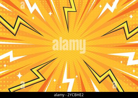 Bright pop art comic cover with zigzag lightnings, rays and dots. Retro style dynamic background. Vector illustration Stock Vector