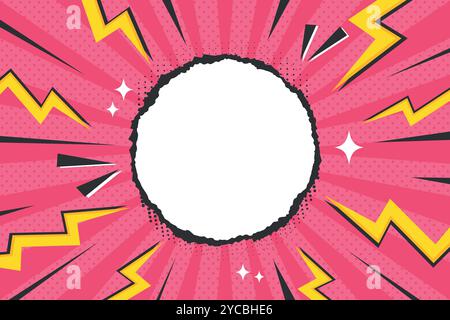 Bright pop art comic cover with zigzag thunder lightnings, rays and dots. Retro style dynamic background with empty torn paper circle for text Stock Vector