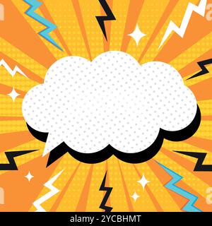 Empty comic cloud speech bubble in pop art style. Bright background decorated with dots, stars and lightning. Vector illustration Stock Vector