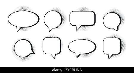 Empty speech bubbles decorated with black halftone shadow in pop art style. Various shapes. Vector illustration Stock Vector