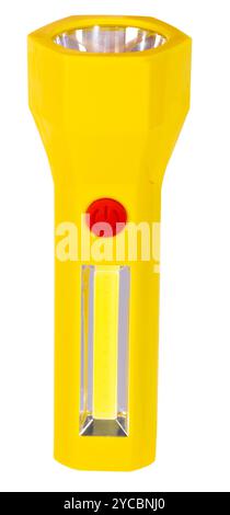Yellow LED flashlight on batteries isolated on white. Stock Photo
