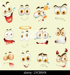 Different facial expressions on white illustration. Different kind of facial expressions. Stock Vector