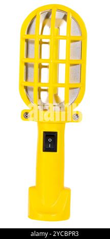 Yellow LED flashlight on batteries isolated on white Stock Photo