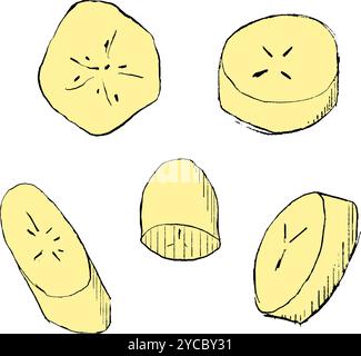 Slices of flying ripe banana yellow color vector illustration. Tropical banana unpeeled pieces falling down in cartoon graphic style, isolated Stock Vector