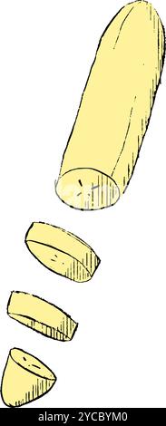 Graphic sliced banana fruit in cut pieces, vector tropical farm food. Realistic unpeeled banana cut on slice pieces in closeup for sweet dessert or or Stock Vector