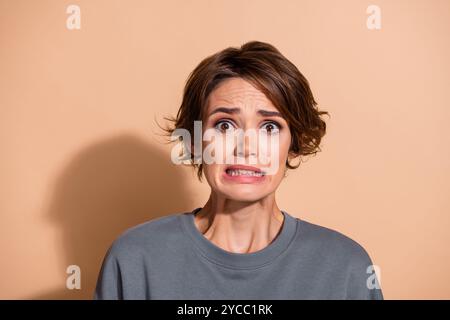 Photo portrait of lovely young lady confused nervous grimace dressed stylish gray garment isolated on beige color background Stock Photo