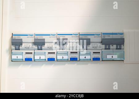 Modern control panel with static energy meters and circuit-breakers or fuse Stock Photo