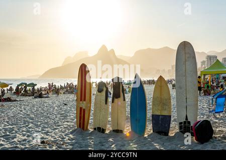 Surf boards at Ipanema Beach in Rio de Janeiro in Brazil at sunset Stock Photo