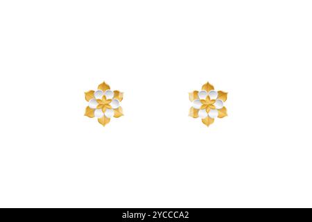 Two identical, stylized floral motifs with gold and white petals, symmetrically aligned against a plain white background. Stock Vector