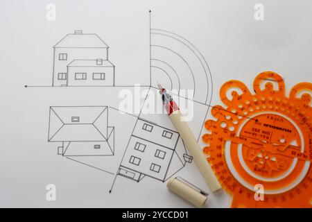 Hand drawn technical drawing. Descriptive geometry exercise using drawing tools. School work drawn by the student. Stock Photo