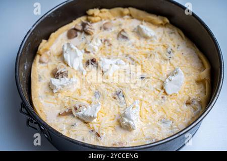 Recipe for French quiche lorraine pie. In a baking dish, put mushrooms, cheese and chicken pieces on the dough. High quality photo Stock Photo