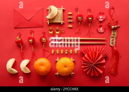 Fortune cookies with red envelope and Chinese symbols on yellow ...