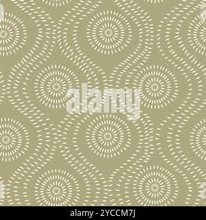 Abstract boho Tribal dotted lines in oval shapes seamless pattern on sage green background. For wallpaper, textile and home décor Stock Vector