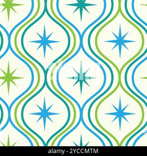 Mid century modern atomic starbursts on blue, green and teal ogee oval waves seamless pattern. For home décor, wallpaper and textile Stock Vector