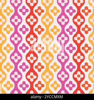 Retro Colorful flowers on hourglass ogee ovals seamless pattern in pink, red and orange on white background. For home decor, textile and wallpaper Stock Vector