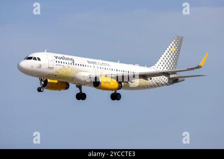 Vueling Airlines Airbus A320-232 (REG: EC-MNZ) in the special color scheme 'We love Places - Barcelona special'. Stock Photo