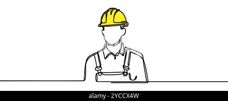 Continuous one line drawing design vector illustration of engineers man in hard hat, worker with protective headphones on white background. Stock Vector