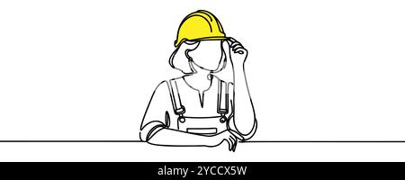 Continuous one line drawing design vector illustration of engineers man in hard hat, worker with protective headphones on white background. Stock Vector