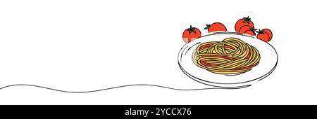 Pasta and spaghetti in One Continuous line drawing. Italy noodle on plate for web banner and food delivery service in simple linear style. Doodle Vect Stock Vector