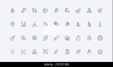 Business startup strategy, venture model, boost economic and capital growth line icon set. Launch rocket and search new idea, shareholders thin black and red outline symbols vector illustration Stock Vector