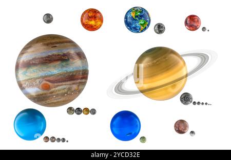 Planets of Solar system with satellites. 3D rendering isolated on white ...