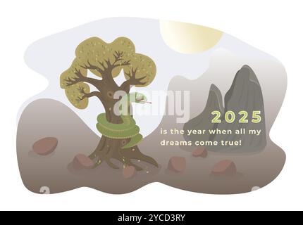 2025 green snake year, a large reptile wraps itself around a tree, vector colorful illustration with optimistic text Stock Vector