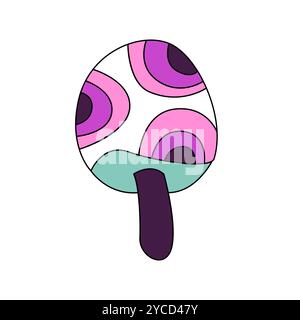 Groovy psychedelic hippie mushroom with pattern of purple circles on white cap vector illustration Stock Vector