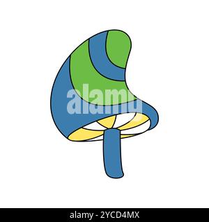 Groovy psychedelic hippie mushroom with blue and green waves on cap vector illustration Stock Vector