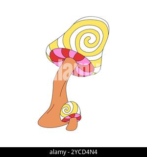 Groovy line psychedelic cap on trippy magic esoteric mushroom vector ...