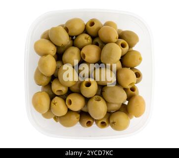 tasty green olives in plastic box isolated on white background with clipping path, vegan food, top view Stock Photo