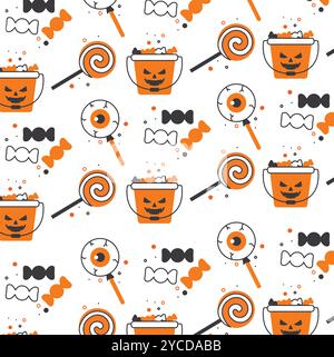 Halloween candy, lollipop, and pumpkin bucket pattern, Vector Stock Vector