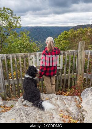 A man wearing a red lumberjack jacket with a ponytail, accompanied by a Bernedoodle dog, stands at Turkey Spur Rock, Grandview Rim, in New River Gorge Stock Photo