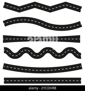 Road vector icon. Wavy and straight lines. Dashed road markings. Traffic pathway. Stock Vector