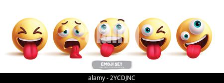 Emojis naughty emoticon characters vector set. Emoticons facial expression in funny, tired, happy, winking, and energetic yellow emojis character Stock Vector