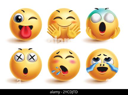 Emoji cute emoticon characters vector set. Emojis 3d yellow icon in happy, naughty, winking, waving, afraid and silly facial expression isolated Stock Vector
