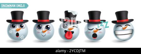 Snowman emoji character vector set. Emoticon snow man 3d character in happy, naughty, sleepy, winking and funny facial expression wearing hat elements Stock Vector