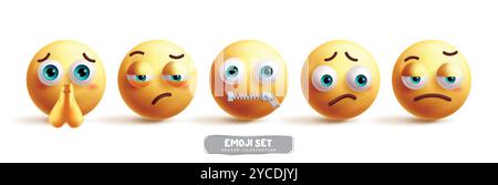 Emoji emoticon characters vector set. Emojis yellow icon collection in begging, sad, quiet, disappointed and regret facial expression character Stock Vector