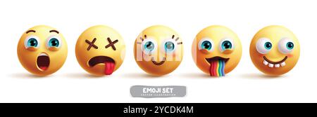 Emoji cute emoticon characters vector set. Emoticon character icon collection lovely, shock, tired, smiling, rainbow and funny facial expressions Stock Vector