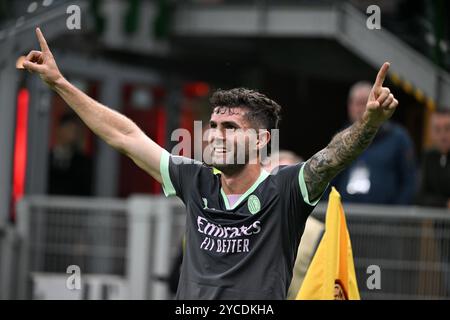 Milan, Italy. 22nd Oct, 2024. AC Milan's Christian Pulisic celebrates his goal during the UEFA Champions League match between AC Milan and Club Brugge in Milan, Italy, Oct. 22, 2024. Credit: Alberto Lingria/Xinhua/Alamy Live News Stock Photo