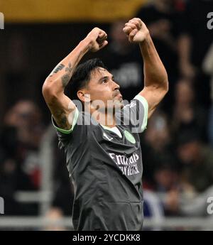 Milan, Italy. 22nd Oct, 2024. AC Milan's Tijjani Reijnders celebrates his goal during the UEFA Champions League match between AC Milan and Club Brugge in Milan, Italy, Oct. 22, 2024. Credit: Alberto Lingria/Xinhua/Alamy Live News Stock Photo