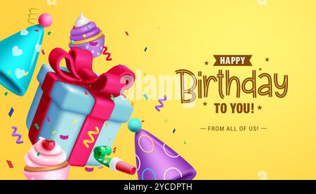 Happy birthday text vector design. Birthday elements gift, cupcakes and party hat with confetti in yellow background. Vector illustration for greeting Stock Vector